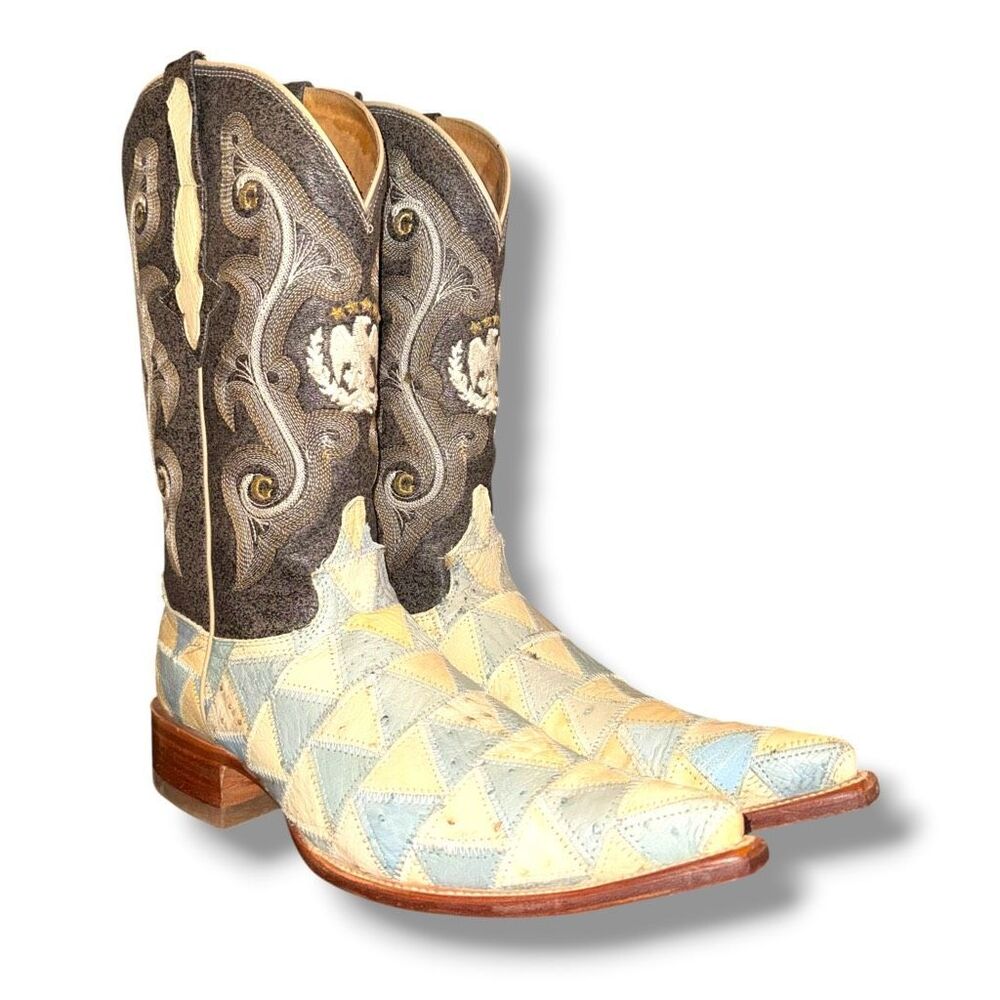 El General Genuine Ostrich Leather Patchwork Cowboy Western Boots Men’s Sz 9